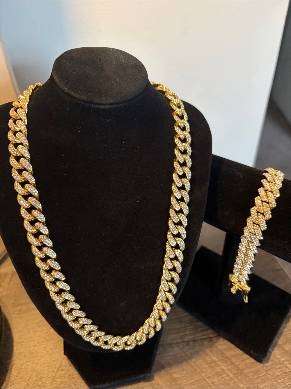 Gold Tone Rhinestone Cuban Link Necklace & Bracelet Set